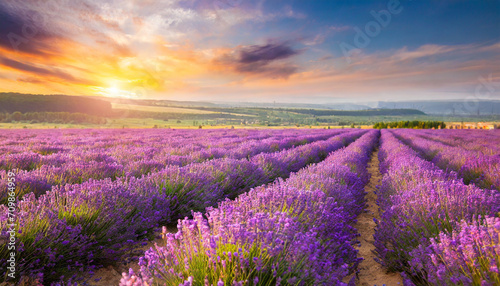 Purple lavender flowers field at summer with burred background.