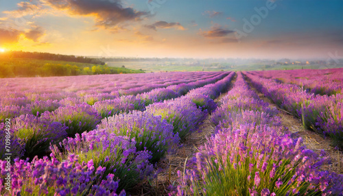 Purple lavender flowers field at summer with burred background.