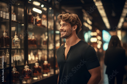 Guy happily shops for perfumes in the mall.