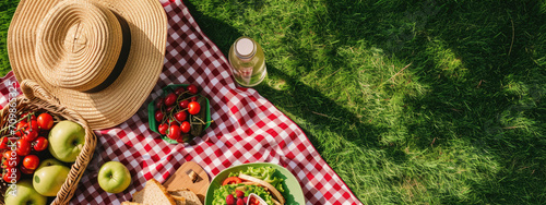 Summer picnic scene over lush green grass. photo