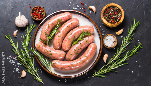 Raw sausages or bratwurst with spices and rosemary in a plate on black background. Top view