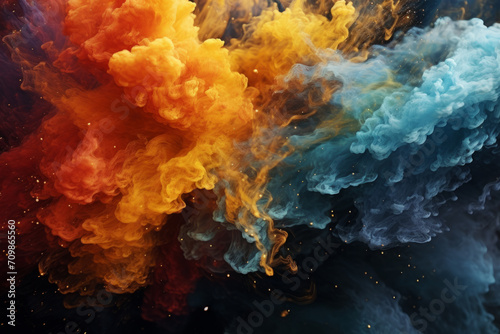 Colorful abstract background with gold smoke and swirling ink © darshika