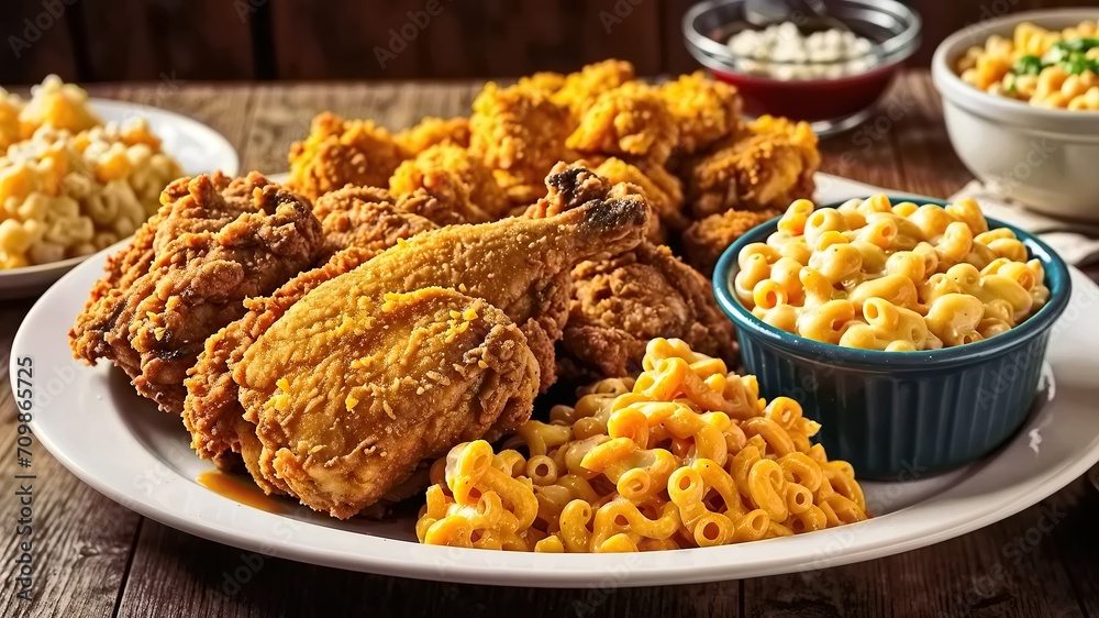A plate of fried chicken accompanied by macaroni and cheese, with several side dishes arranged around it.