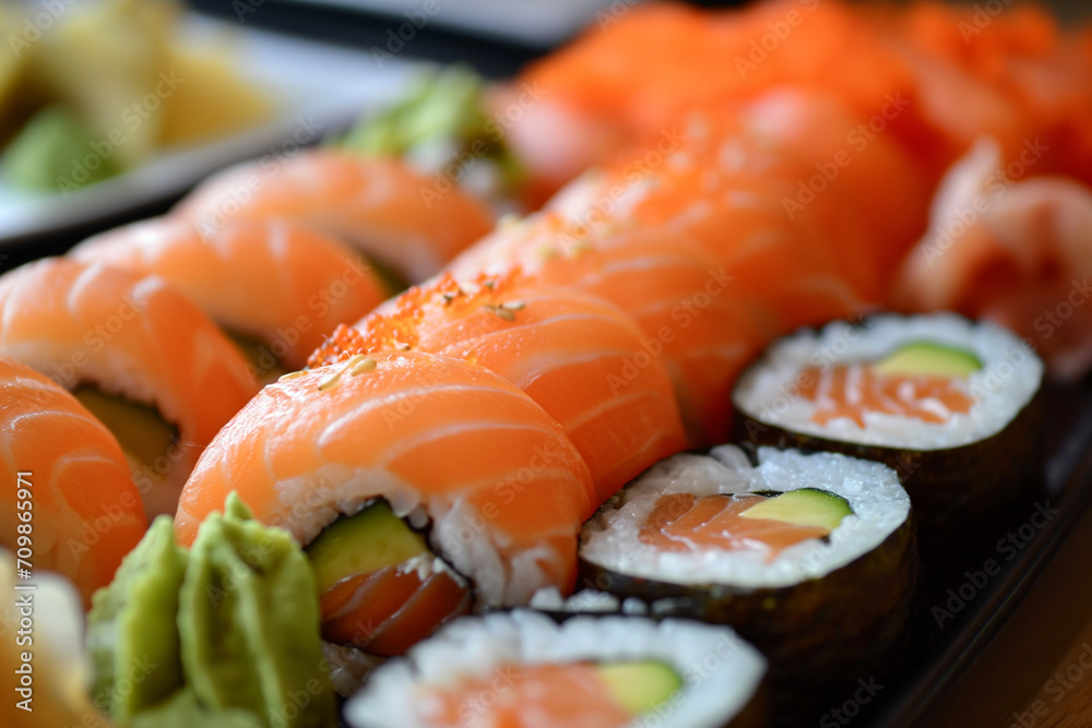 Delicious Salmon and Avocado Maki Sushi, Close-Up of Fresh Salmon Nigiri, Traditional Japanese Cuisine, Gourmet Asian Food Photography Delicious Salmon and Avocado Maki Sushi, Close-Up of Fresh Salmon Nigiri, Traditional Japanese Cuisine, Gourmet Asian Food Photography