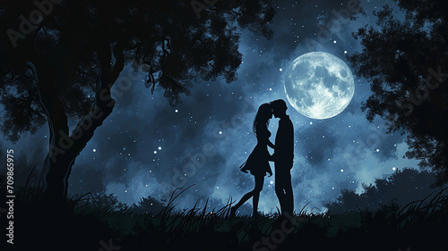 Couple Romance Night Blue light Big moon Valentines day background 