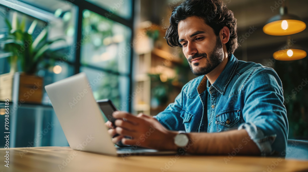 Mature man is sitting at a table in a dimly lit office space, focused on his smartphone with a laptop open in front of him Mature man is sitting at a table in a dimly lit office space, focused on his smartphone with a laptop open in front of him