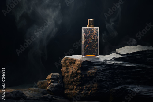 Perfume on dark stone background.