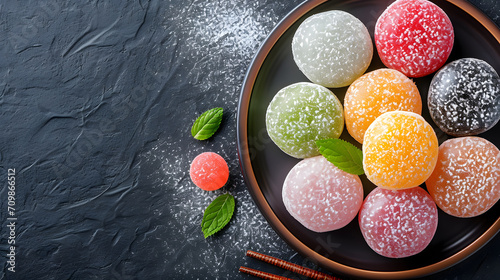 Color Mochi Japanese dessert isolated on top view black background with copy space for text photo