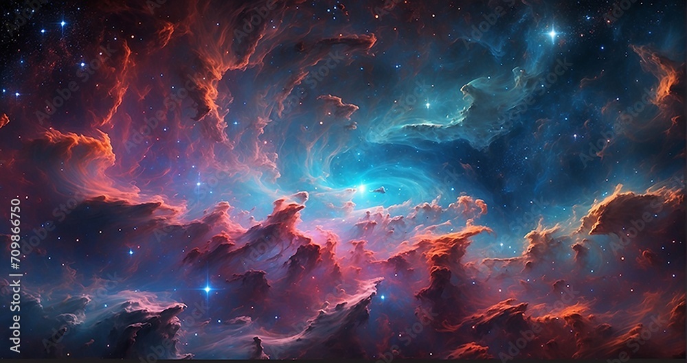 A scene showcasing a vibrant nebula, with swirling gases, newborn stars, and pillars of cosmic dust, resembling a cosmic nursery for star formation - Generative AI