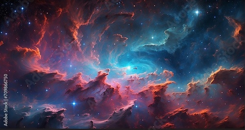 A scene showcasing a vibrant nebula, with swirling gases, newborn stars, and pillars of cosmic dust, resembling a cosmic nursery for star formation - Generative AI photo