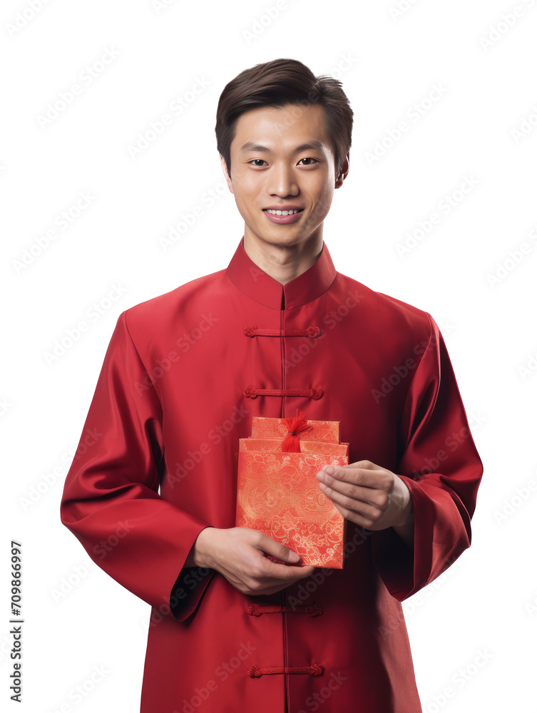chinese men holding red envelope on transparent background,generative ai chinese men holding red envelope on transparent background,generative ai