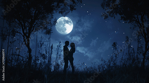 Couple Romance Night Blue light Big moon Valentines day background 