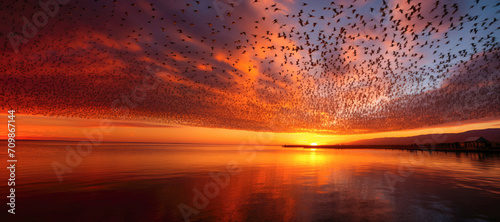 A mesmerizing murmuration: Flock of birds flying in the orange sunset sky. © EdNurg