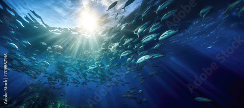 Underwater spectacle: School of fish in the blue depths of the ocean.