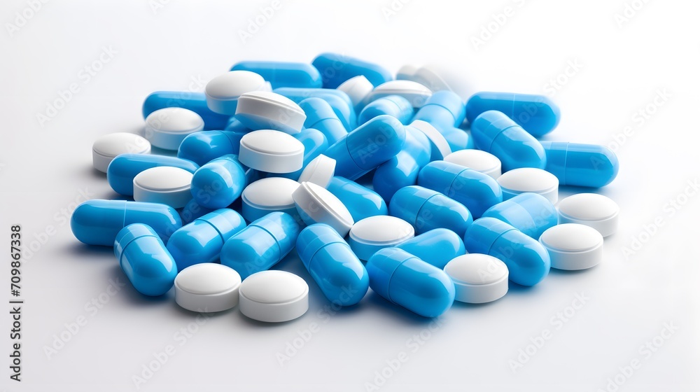 Blue-white antibiotic capsule pills on white background. Pile of antibiotic drug. Antibiotic drug resistance. Prescription drugs. Healthcare and medicine. Pharmaceutical industry. Pharmacy product.