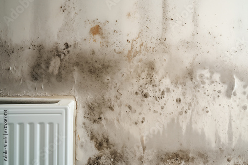 Hygiene concern: Musty patterns on a weathered wall, posing allergy risks. photo