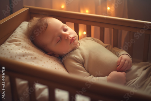 Family bedtime: Adorable infant lying in bed, embodying the beauty of childhood.