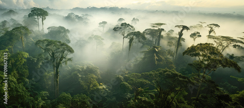 Aerial view of a mist-covered forest in the morning, creating a scenic landscape. © EdNurg