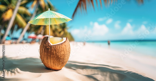 Relaxing vacation: Coconut drink on the sand in a tropical seascape.