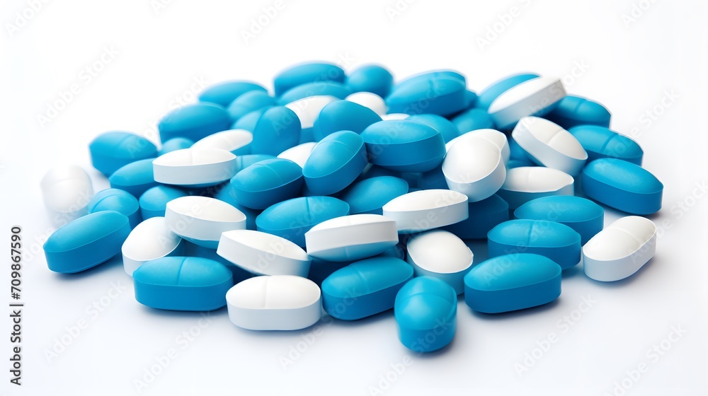 Blue-white antibiotic capsule pills on white background. Pile of antibiotic drug. Antibiotic drug resistance. Prescription drugs. Healthcare and medicine. Pharmaceutical industry. Pharmacy product. Blue-white antibiotic capsule pills on white background. Pile of antibiotic drug. Antibiotic drug resistance. Prescription drugs. Healthcare and medicine. Pharmaceutical industry. Pharmacy product.