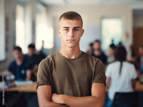 serious european high school student guy with Cropped Buzz Haircut standing in classroom with arms crossed.