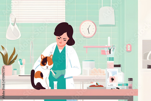 Tierärztliche Exzellenz: Illustration einer engagierten Tierärztin in ihrer professionellen Praxis, die Tiergesundheit und Pflege mit Liebe und Fachkenntnissen vereint. Ein inspirierendes Bild für Tie