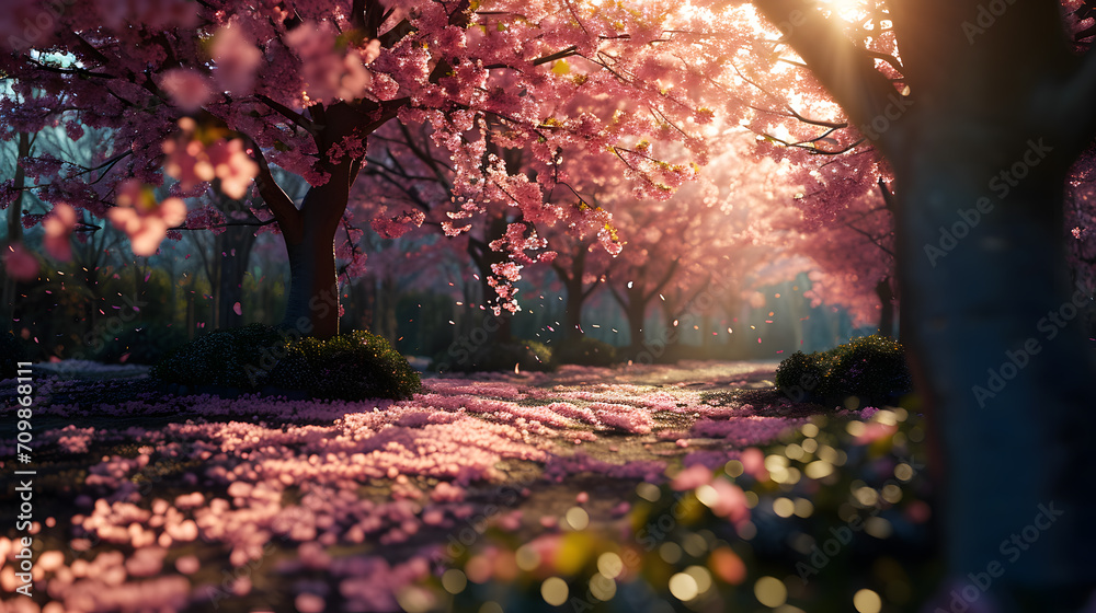 Beautiful cherry blossoms in the park in spring time. Nature background - obrazy, fototapety, plakaty 