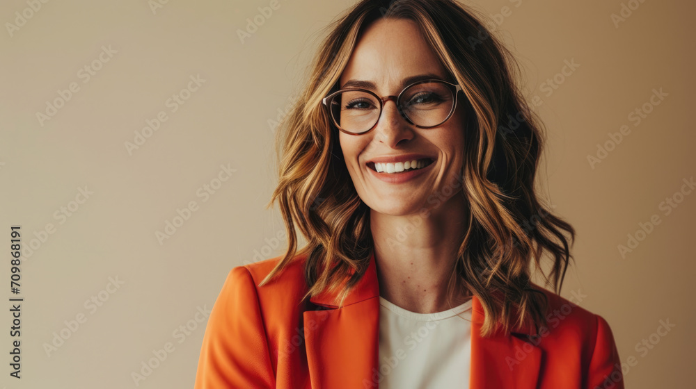Young woman with a joyful expression, wearing glasses, and a bright orange blazer against beige background