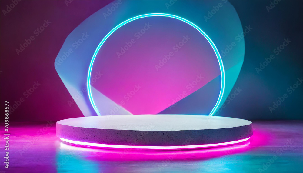 Abstract background with podiums in neon light for product presentation. Stylish geometric shapes to show products.