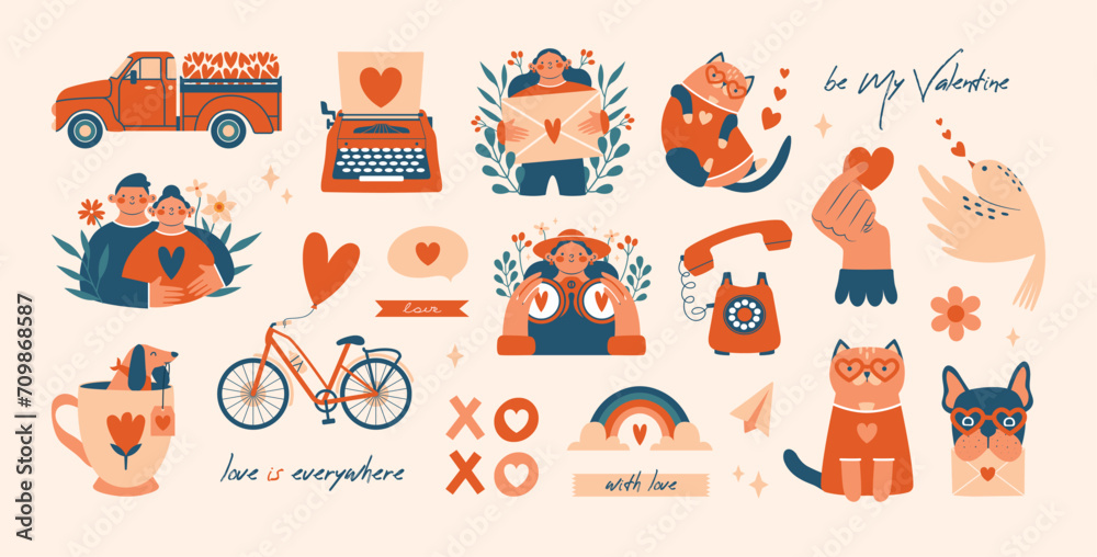 Big set of creative clip arts to Saint Valentine's Day. Cute cartoon persons, lovers, couple, woman and man, posing, hugging. Illustrations of typewriter, pickup with hearts, bicycle, dog, cat, mail. - obrazy, fototapety, plakaty 