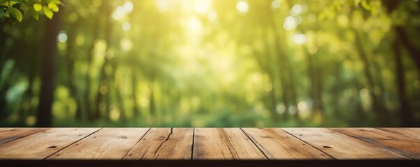 blank wooden table on green summer park background banner