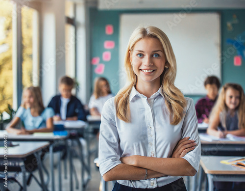 a photo portrait of a beautiful young female american school teacher standing in the classroom. students sitting and walking in the break. blurry background behind