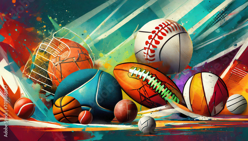 Abstract background with different types of sport balls used in the sports of basketball, baseball, tennis, golf, soccer, volleyball, rugby, American football and badminton. 3D illustration photo