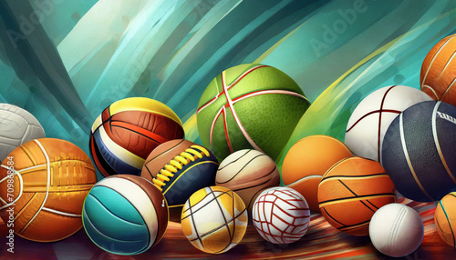 Abstract background with different types of sport balls used in the sports of basketball  baseball  tennis  golf  soccer  volleyball  rugby  American football and badminton. 3D illustration
