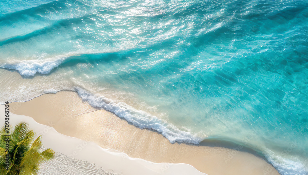 abstract turquoise water wave with sunlight on white sand beach from above, empty summer vacation background banner with copy space for travel and natural beauty spa - obrazy, fototapety, plakaty 