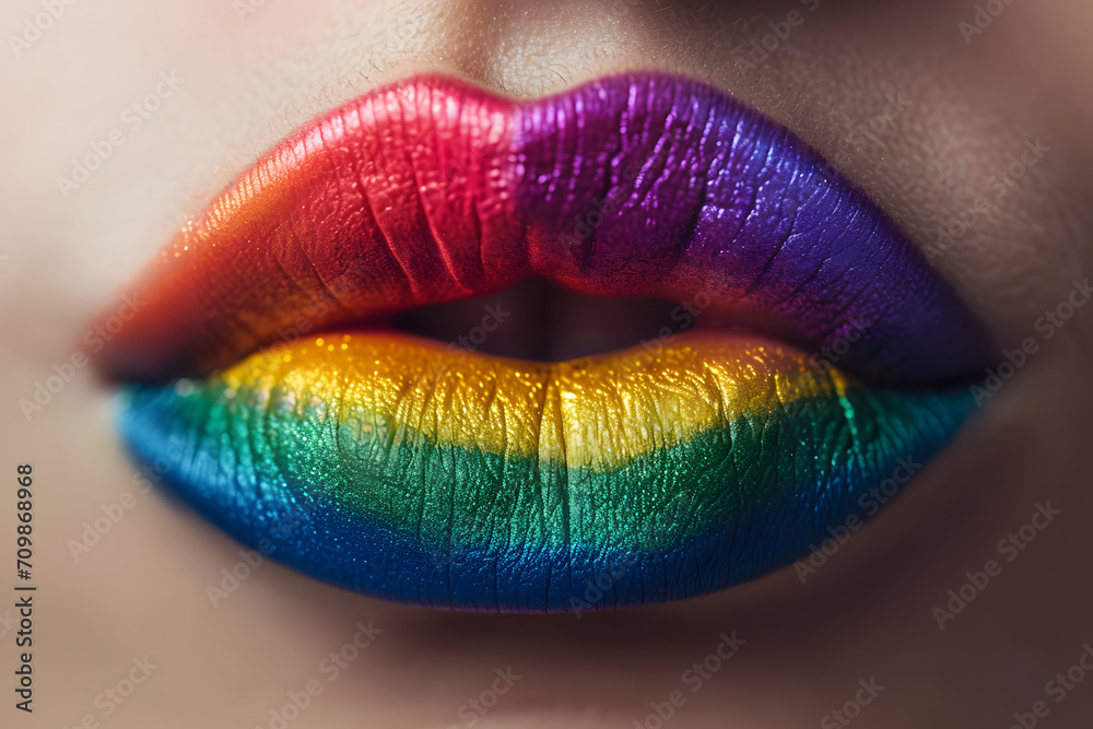 Farbenfrohe Lippenliebe: Eine Close-Up-Aufnahme von Lippen in den LGBTQ-Farben, ein lebendiges Symbol für Liebe, Toleranz und stolze Vielfalt Farbenfrohe Lippenliebe: Eine Close-Up-Aufnahme von Lippen in den LGBTQ-Farben, ein lebendiges Symbol für Liebe, Toleranz und stolze Vielfalt