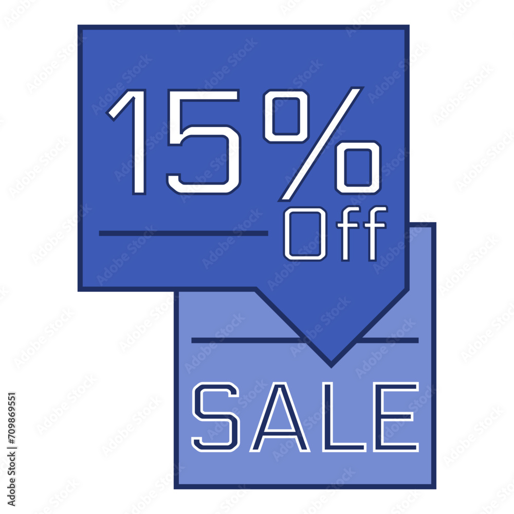 15% off written in a blue rectangular speech bubble. Sale. 15% off written in a blue rectangular speech bubble. Sale.