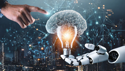 AI, Machine learning, Hands of robot and human touch on big data network, Brain data creative in light bulb, Science and artificial intelligence technology, innovation