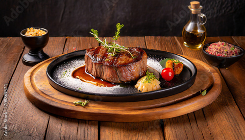 An appetizing food shot captures the indulgence of a perfectly cooked bonein filet mignon. Grilled to create a beautiful sear, the juicy and tender meat boasts a meltinyourmouth photo