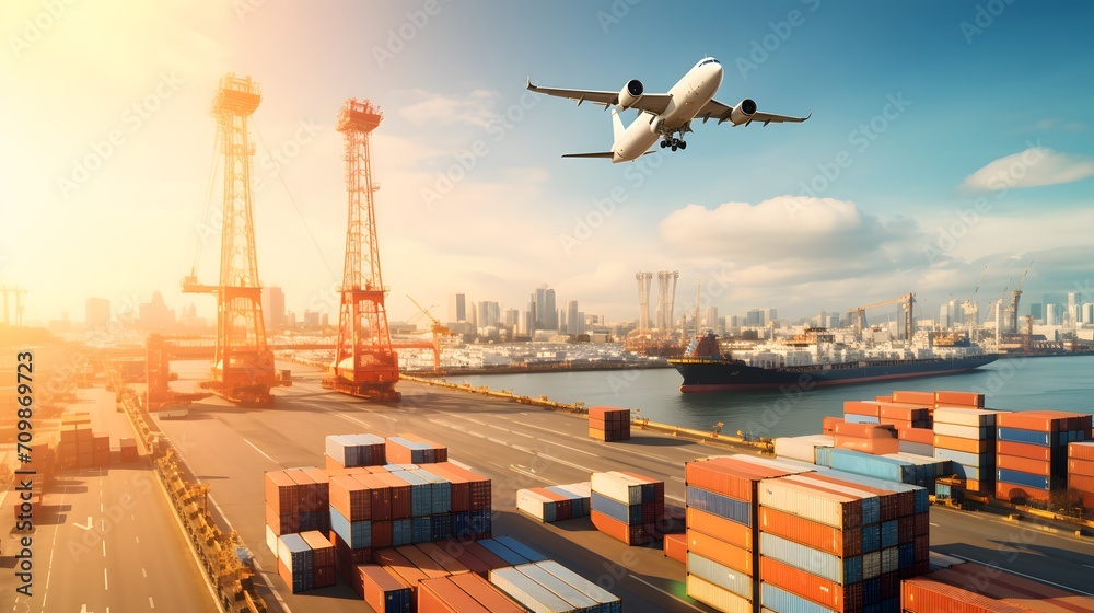 Cargo airplane flying above logistic container. Air logistic. Cargo and shipping business. Container ship for import and export logistic. Logistic industry. Container at harbor. Merchandise export.
