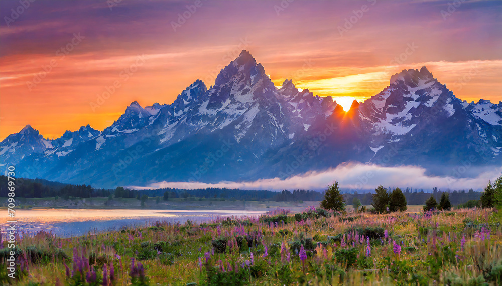 An epic sunrise at the grand teton national park in summer; image has copy space