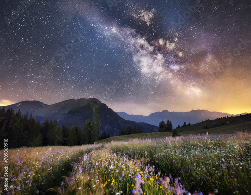 beautiful meadow in the mountains at night with milkyway galaxy