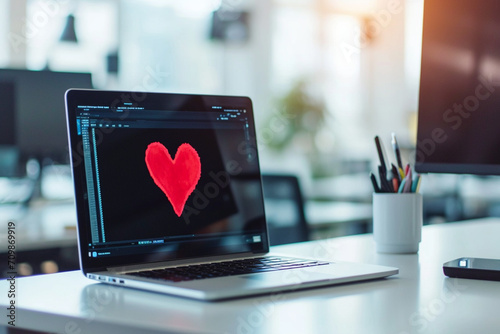 a laptop standing at a workplace in the office, on the monitor of which a romantic red heart is painted,the concept of online tokens of attention,a romantic workplace,online greetings