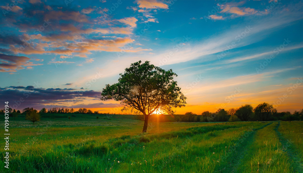 beautiful meadow with a tree on the background of sunset