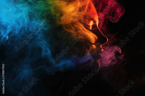 Silhouette of a girl made of colourful smoke on a black background 