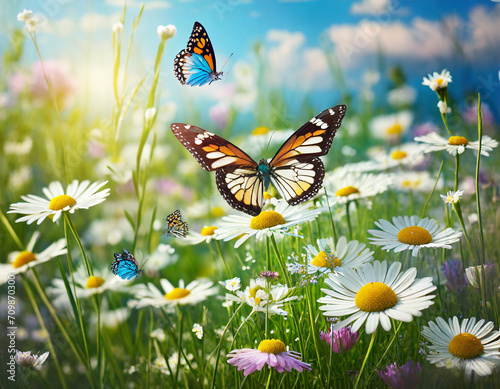 beautiful meadow with flowering daisies and butterflies in the summer