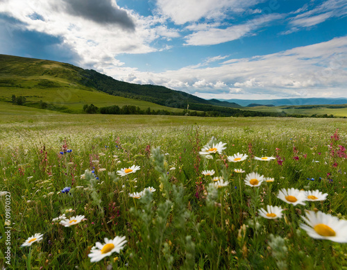 beautiful meadow with wild flowers and hills on the background