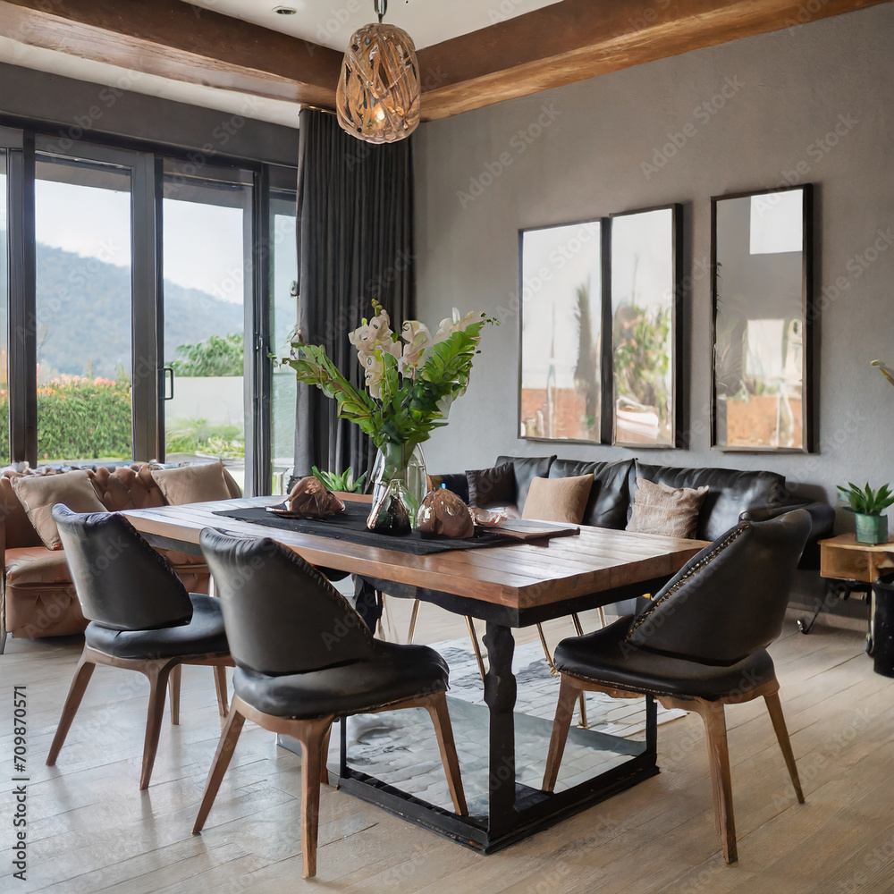 Fototapeta premium Black chairs and leather sofa at wooden dining table. Interior design of modern dining room