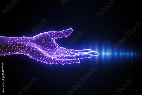 Glowing human hand made of purple-blue glowing dots on the black background 
