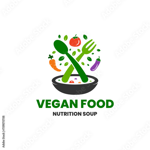 Vegan Food Nutrition Soup Healthy organic. Cooking Vegetarian Vegetables, fruits, green, creative vector illustration logo design